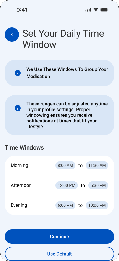 Cura setup screen for defining flexible morning, afternoon, and evening time windows